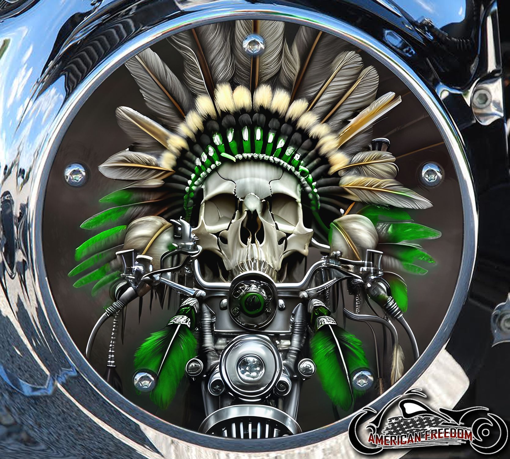 Custom Derby Cover - Native Skull Green